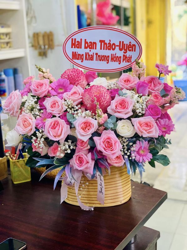 giỏ hoa hồng pastel khai trương – pink prosper