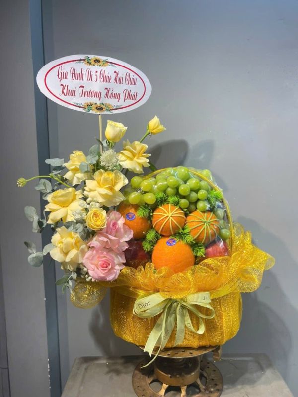  Giỏ hoa trái cây khai trương tone vàng